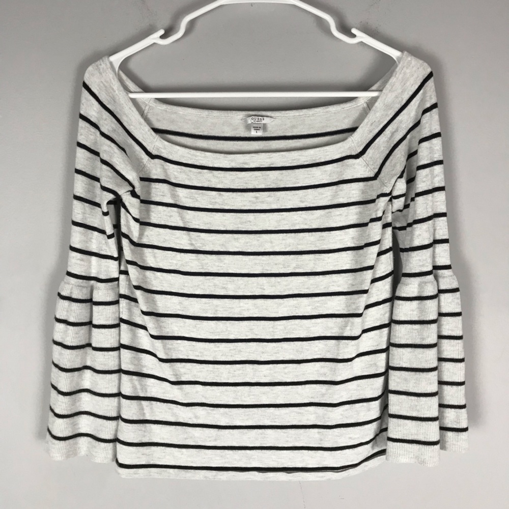 Guess striped off shoulder bell sleeve knit top